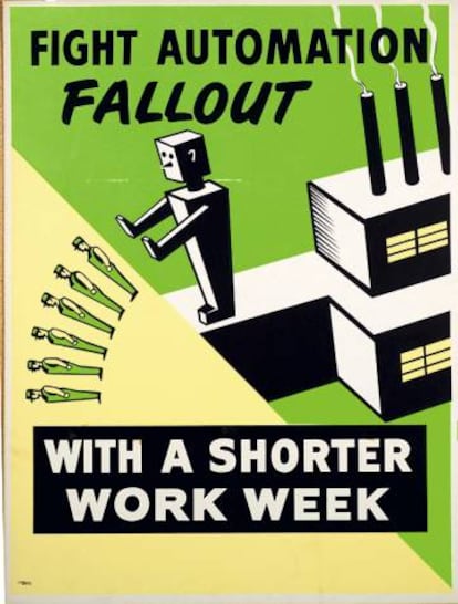 A U.S. autoworker union poster from the 1950s denouncing production automation.