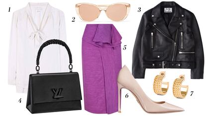 1. Velvet Blusa con lazada 2. Linda Farrow Gafas de sol 3. Acne Studios Cazadora de cuero 4. Louis Vuitton Bolso de mano 5. Ángel Schlesser Falda de tubo 6. Dior Stilettos nude 7. Loewe Pendientes tipo criolla.