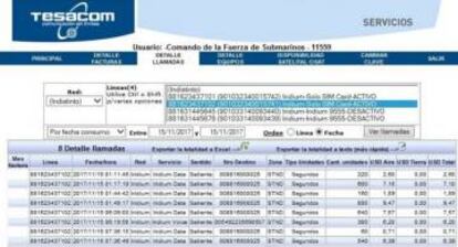 Planilla con las comunicaciones del submarino registradas por Iridium.