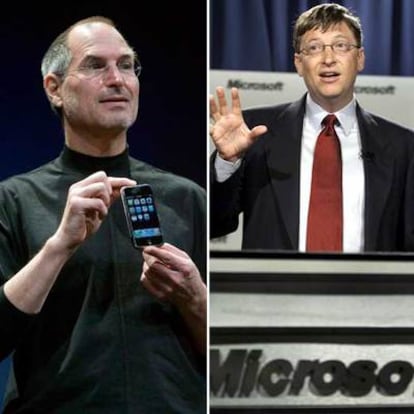 Steve Jobs, fundador de Apple, y Bill Gates, presidente de Microsoft.