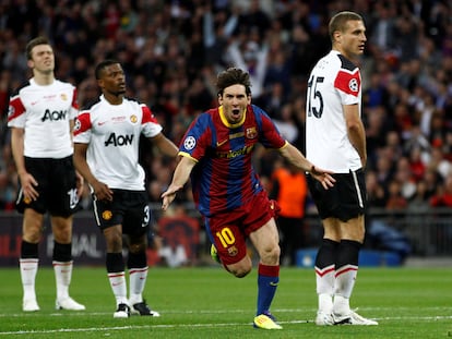 Messi celebra su gol en la final de la Champions de 2011 ante el Manchester United en Wembley.