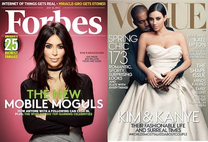 Gran parte del mundo de la moda se llevó las manos a la cabeza cuando Kim Kardashian y Kanye West aparecieron en la portada de la edición estadounidense de 'Vogue'. La que es considerada la biblia de la moda se rindió a la popularidad de la pareja. El mismo impacto debió causar ver a la estrella de la televisión en la portada de la revista 'Forbes', que valoraba su faceta de empresaria después de haber ganado más de 40 millones de euros con el videojuego sobre su vida que lanzó en 2014.