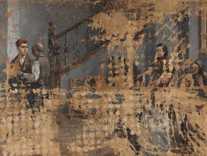 El cuadro 'La marcha del soldado', de Adolfo Sánchez Megías, atribuido originalmente a Concepción Mejía de Salvador con el título de 'Escena de familia'.