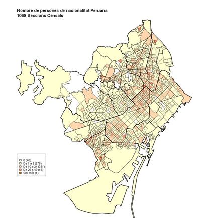 Els col.lectius més nombrosos. Nombre de persones de nacionalitat peruana, per seccions censals. 