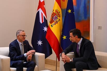 El presidente del Gobierno de España, Pedro Sánchez, y su homólogo australiano, Anthony Albanese, participan en una reunión antes de la cumbre de la OTAN, este martes en el Palacio de La Moncloa, en Madrid.