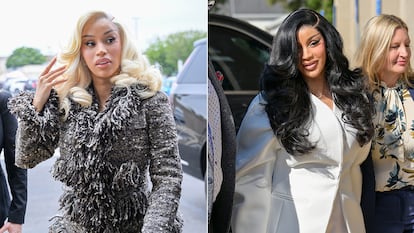 Cardi B a su llegada al juzgado de Los Ángeles (California), el 26 de agosto y, a la derecha, el 27 de agosto de 2025.