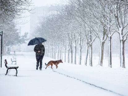 A man walking his dog in the Basque city of Vitoria on Monday.