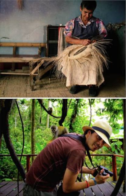 Arriba, una mujer colombiana tejiendo un sombrero aguadeño. Abajo, un fotógrafo se protege del sol con el característico sombrero.