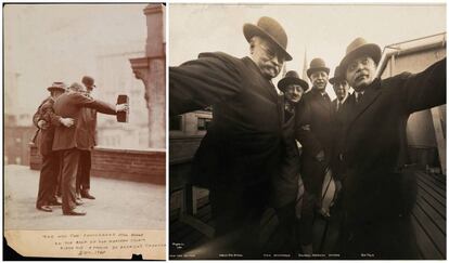 Un grupo de fotógrafos de la Byron Company (Joseph Byron y Ben Falk empuñan la cámara, junto a sus colegas Pirie MacDonald, Coronel Marceau y Pop Core), en el tejado del Marceau’s Studio en Nueva York, frente a la catedral de San Patricio, realiza un selfie pionero en diciembre de 1920.