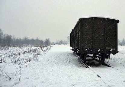 Un vag&oacute;n de carga en Birkenau, cerca de Auschwitz.