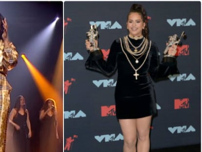 Rosalía performing on the BBC (l) and with her MTV Music Video Awards.