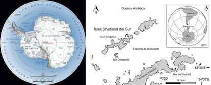 A la izquierda, un mapa de la Antártida. A la derecha, un detalle de la zona donde se localizan las dos bases antárticas españolas, en el archipiélago de las Shetland del Sur.