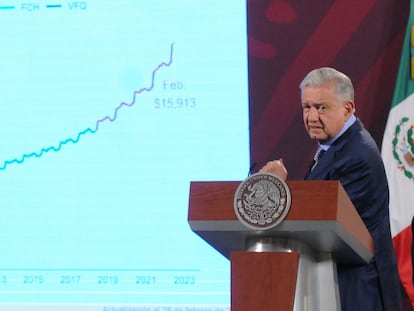 López Obrador muestra datos sobre la situación económica del país, durante una de sus conferencias matutinas.