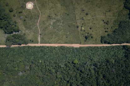 Una carretera divide en dos una zona deforestada junto a un bosque en el departamento de Guaviare, Colombia. 