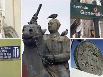 De izquierda a derecha y de arriba abajo: escudo preconstitucional en una comisaría de Madrid; el símbolo de Falange en la barriada Girón de Málaga; escudo preconstitucional en la sede del Ministerio de Hacienda; estatua de Franco en Santander; cartel que anuncia la avenida del Generalísimo en San Vicente de la Barquera (Cantabria) y monumento a la peseta en Estepona (Málaga).
1. <i>Las Administraciones públicas, en el ejercicio de sus competencias, tomarán las medidas oportunas para la retirada de escudos, insignias, placas y otros objetos o menciones conmemorativas de exaltación, personal o colectiva, de la sublevación militar, de la Guerra Civil y de la represión de la dictadura. Entre estas medidas podrá incluirse la retirada de subvenciones o ayudas públicas. Lo previsto en el párrafo anterior no será de aplicación cuando las menciones sean de estricto recuerdo privado sin exaltación de los enfrentados o cuando concurran razones artísticas y arquitectónicas protegidas por la ley.
</i>3. <i>Las Administraciones Públicas podrán retirar subvenciones o ayudas a los propietarios privados que no actúen del modo previsto en el apartado 1 de este artículo. "Las Administraciones públicas, en el ejercicio de sus competencias, tomarán las medidas oportunas para la retirada de escudos, insignias, placas y otros objetos o menciones conmemorativas a la exaltación de la sublevación militar, de la Guerra Civil y de la represión de la dictadura".</i>