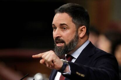 El líder del Vox, Santiago Abascal, durante su intervención este martes en el Congreso.