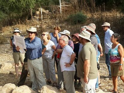 El profesor Aren Maeir explica los trabajos que desarrolla su equipo a unos visitantes de la excavación.
