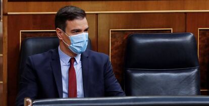 El presidente del Gobierno, Pedro Sánchez, al inicio del debate este miércoles en el Congreso de la quinta prórroga del estado de alarma.