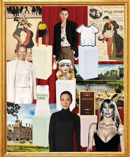 De izda. a dcha. y de arriba abajo, en los extremos, carteles de danza apache o valse chaloupée; gorro de pato, de Burberry; Emma Corrin de Miu Miu, y top pixelado de Loewe; Pamela Anderson, imagen de Proenza Schouler; muñeca Boudoir, inspiración de Pat McGrath para Maison Margiela; escena del filme Saltburn; Drayton House, escenario real de la misma película; top Michael Clark, de JW Anderson; Michelle Yeoh, imagen de Balenciaga; edición de The Story Of A Panic, de E. M. Forster, y Claudia Schiffer, desfilando para Versace alta costura p-v 1995.