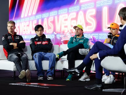(L-R) Nico Hulkenberg of Haas, Zhou Guanyu of Alfa Romeo, Fernando Alonso of Aston Martin and Lando Norris of McLaren in Las Vegas, Nevada, 15 November 2023.