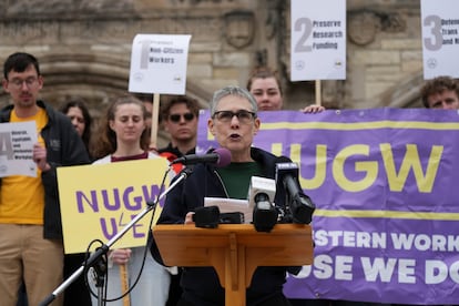 Northwestern University professor Jacqueline Stevens speaks during a protest in April 2025.
