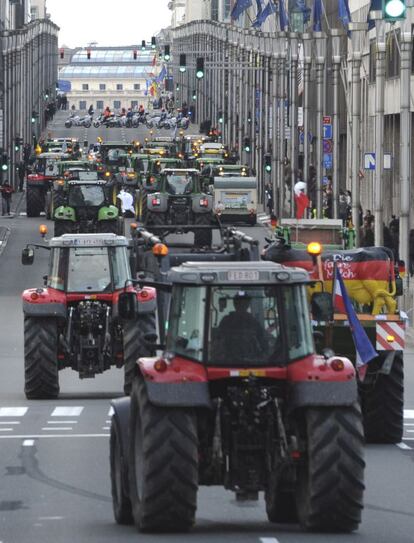 Además de la leche lanzada sobre los edificios europeos, tractores han participado en la marcha llamada '1.000 tractores hacia Bruselas'. Los vehículos han transitado por las calles del barrio europeo de la capital.