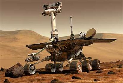 Recreación de uno de los dos nuevos <i>rover</i> de la NASA en el paisaje de Marte.