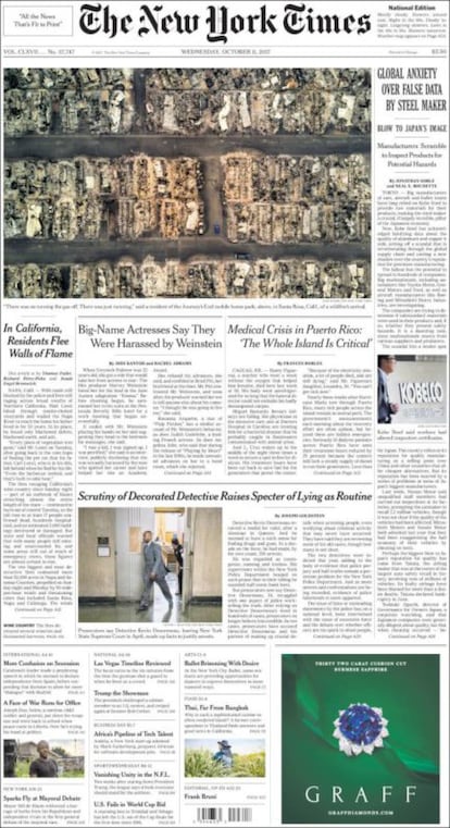 "Más confusión en la secesión", dice 'The New York Times' en su portada impresa. "El líder catalán hizo un discurso confuso en el que pareció declarar la independencia de España antes de suspender esta decisión para permitir más "diálogo" con Madrid", añade en el subtítulo de su información.