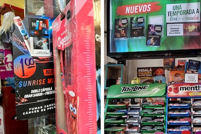 En los últimos años han aparecido en los mercados latinoamericanos decenas de nuevas marcas de cigarrillos con cápsulas de sabores. En la imagen, un establecimiento en Perú (izquierda) y en Argentina (derecha). 