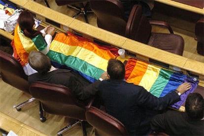 Varios senadores socialistas, con banderas del arco iris durante el pleno del Senado sobre las bodas gays.