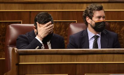 Santiago Abascal (izquierda) e Iván Espinosa de los Monteros, el pasado miércoles en el Congreso.