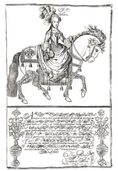 'La señora del caballo', decorada con caligrafías de Gaspar Tomás Martínez en 1700.