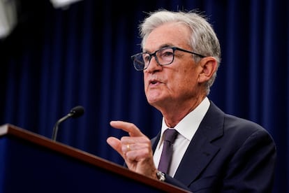 El presidente de la Reserva Federal, Jerome Powell, durante la rueda de prensa que ha ofrecido este miércoles en Washington.