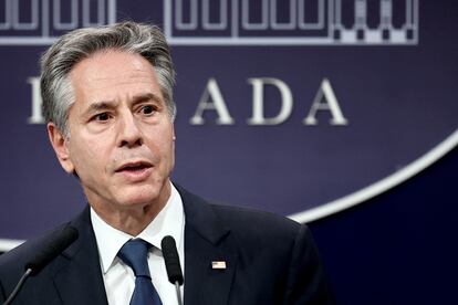 U.S. Secretary of State Antony Blinken attends a joint press conference with Argentina's Foreign Minister Diana Mondino, at the Casa Rosada, in Buenos Aires, Argentina. February 23, 2024.