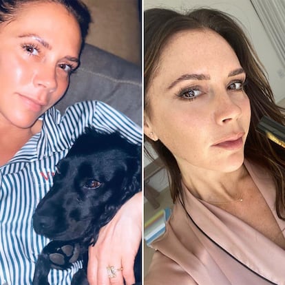 La diseñadora Victoria Beckham posaba junto a su perro hace unos días enseñando pijama de rayas con sus iniciales bordadas en el bolsillo. No es la primera vez que lo hace: en su cuenta es fácil toparse con imágenes de sus batas, batines, albornoces y conjuntos para dormir.