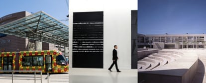 Tranvía de Montpellier decorado por el artista Mattia Bonneti, sala dedicada al pintor Pierre Soulages del Museo Fabre de la ciudad y el Espace Pitôt, proyectado por Richard Meier.