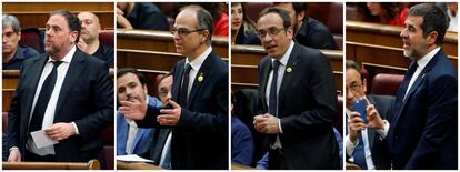 De izquierda a derecha, los cuatro diputados catalanes en prisión preventiva Oriol Junqueras, Josep Rull, Jordi Turull y Jordi Sànchez durante el inicio de la sesión constitutiva de las nuevas Cortes Generales, celebrada en el Congreso de los diputados de Madrid el pasado 21 de mayo.