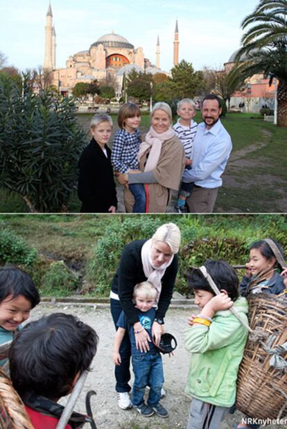 Los príncipes Mette-Marit y Haakon junto a sus hijos frente al museo de Hagia Sofía, en Estambul, y departiendo con unos campesinos asiáticos.