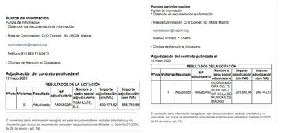 A la izquierda, el contrato con Room Mate subido y borrado del portal de contratación de la Comunidad de Madrid. A la derecha, el contrato real, según el Gobierno regional.