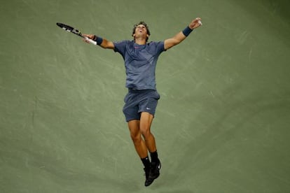 Nadal celebrates his win over Djokovic in the US Open final on Monday night.