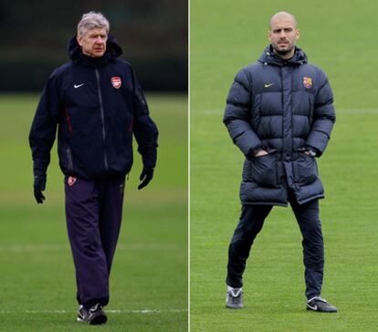 Wenger y Guardiola, en las sesiones preparatorias de ayer.