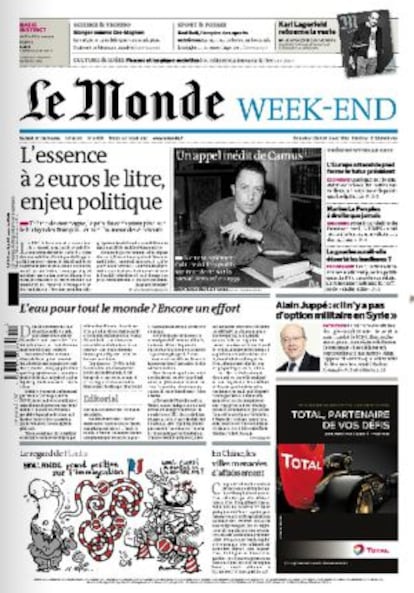 Portada de 'Le Monde' con la noticia sobre Camus