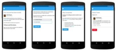 Proceso de bloqueo temporal de una cuenta: 1) Twitter avisa del bloqueo temporal de la cuenta y de su duración. 2) Se le pide al usuario que introduzca su número de teléfono. 3) Twitter recuerda su prohibición de actividades que supongan acoso, amenaza, revelación de información privada o incumplimiento de otras reglas. 4) Twitter solicita al usuario que borre determinados tuits. Si se eliminan, la cuenta se desbloquea.