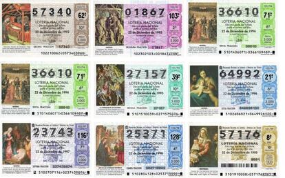 En el año 1992, los billetes adquieren el diseño actual, con una Gil Sans para los números y unu cuadro religioso como motivo gráfico. De fondo, el escudo de España, que desaparece en el año 2011, y una trama que ese mismo año adquiere motivos navideños. |