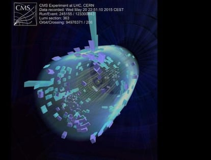 Imagen de una colisi&oacute;n a 13 TeV provocando una cascada de part&iacute;culas en el detector CMS del CERN