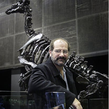 El paleontólogo Luis M. Chiappe, junto a los fósiles de iguanodontes que exhibe Cosmocaixa, en Barcelona.