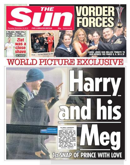 Desde que se hiciera pública su relación, la pareja ha sido constantemente perseguida por fotórgafos. En la imágen, la primera foto de la pareja, que apareció en la portada del diario británico 'The Sun', en diciembre de 2016.