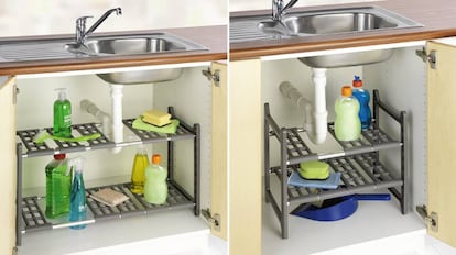 Guarda de forma conveniente todos los objetos y productos de limpieza en la cocina mediante esta estantería.