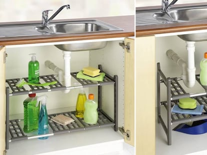 Guarda de forma conveniente todos los objetos y productos de limpieza en la cocina mediante esta estantería.