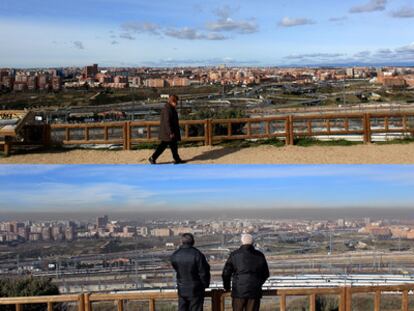 Son imágenes de Madrid desde el Mirador de Entrevías. La superior es de esta mañana y la inferior del día 3 de este mes.